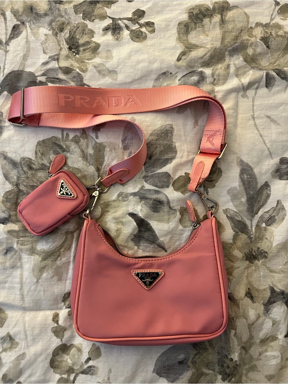 Rose Pink Nylon Shoulder Bag with Wide Logo Strap